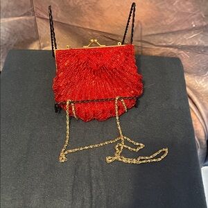 La Regale Red Beaded Clutch with Gold Chain